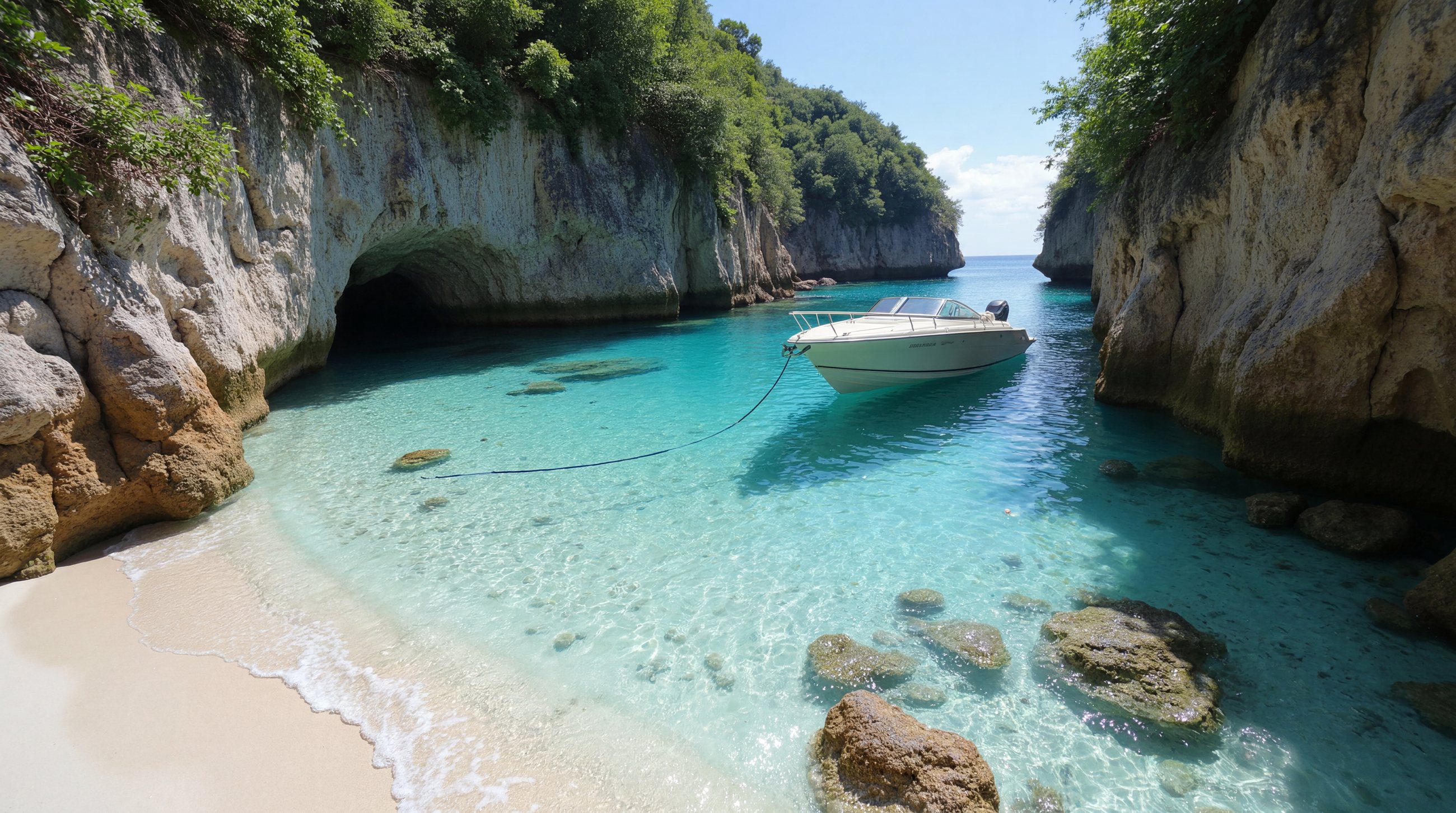 A secluded Caribbean cove with turquoise water and a moored boat