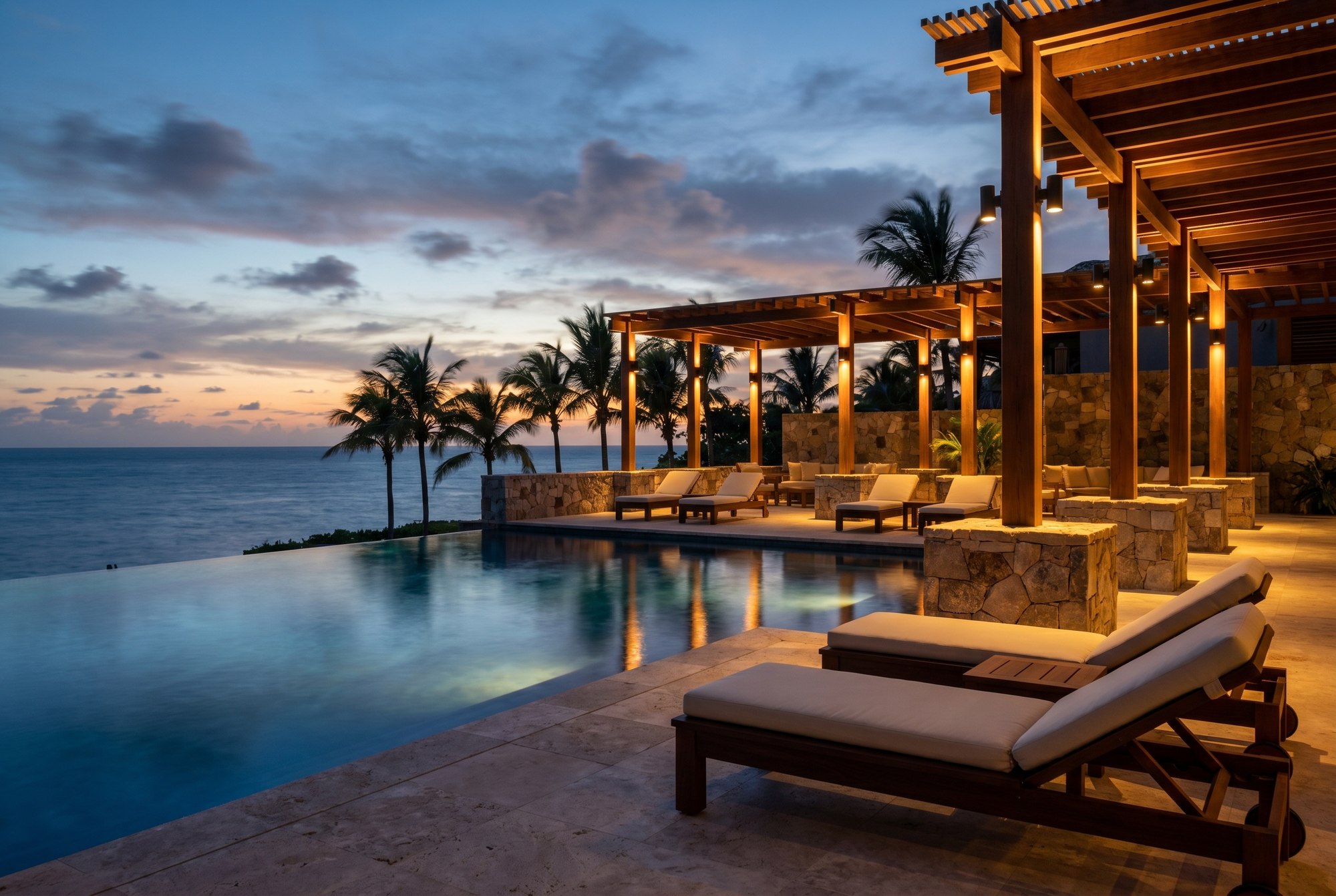 Luxury terrace overlooking the Caribbean at twilight
